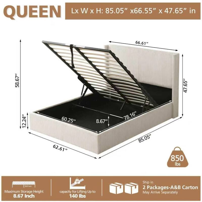 Lift Up Storage Platform Bed with Minimalist Headboard