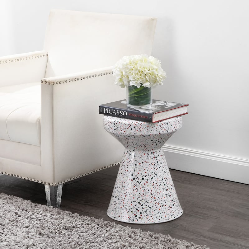 Indi 17.75" Modern Bohemian Terrazzo Indoor/Outdoor Drum Accent Table, by JONATHAN Y