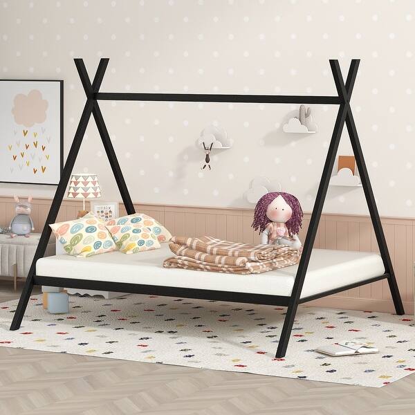 slide 2 of 23, Full Size Bed Tent Frame with Metal Floor Playhouse, Slat Support for Kids' Bedroom Furniture, No Box Spring Required Black