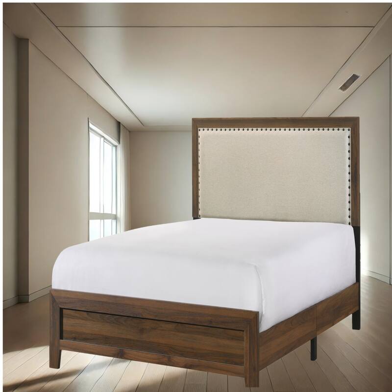 Elegant Brown Cherry Upholstered Headboard Bed with Crystal Inlay and Sturdy Wood Frame, Queen, King, Full, Twin Sizes - Brown - King