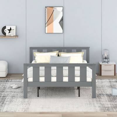 Grey Wood Platform Bed Queen Size With Headboard and Footboard