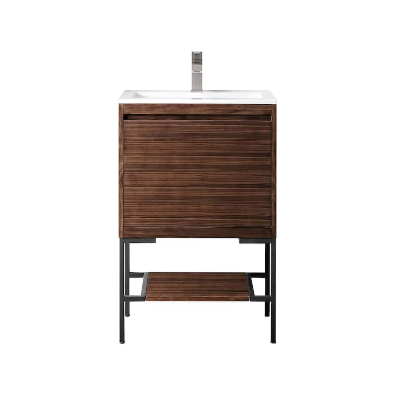 James Martin Vanities Mantova 23.6" Single Vanity Cabinet, Mid-Century Walnut - Matte Black Base, Glossy White Top