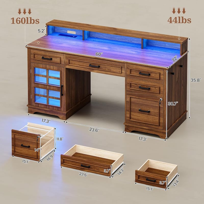 Executive Desk with Drawers Computer Desk File Drawers Power Outlet LED Lights Storage Cabinet