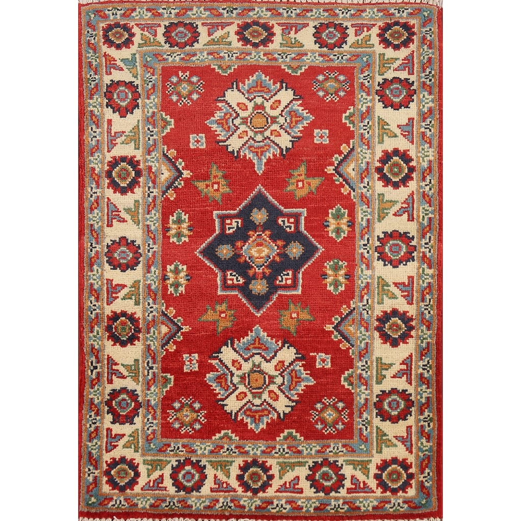 Red Geometric Kazak Oriental Accent Rug Hand-Knotted Wool Carpet - 2'0" x 3'0"