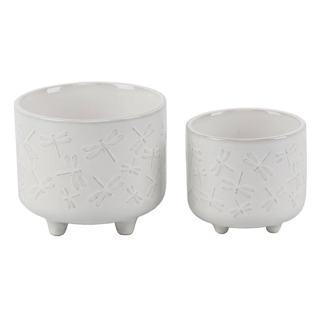 6IN & 4.75 IN All over Dragonfly Ceramic Footed Planter, Sef of 2