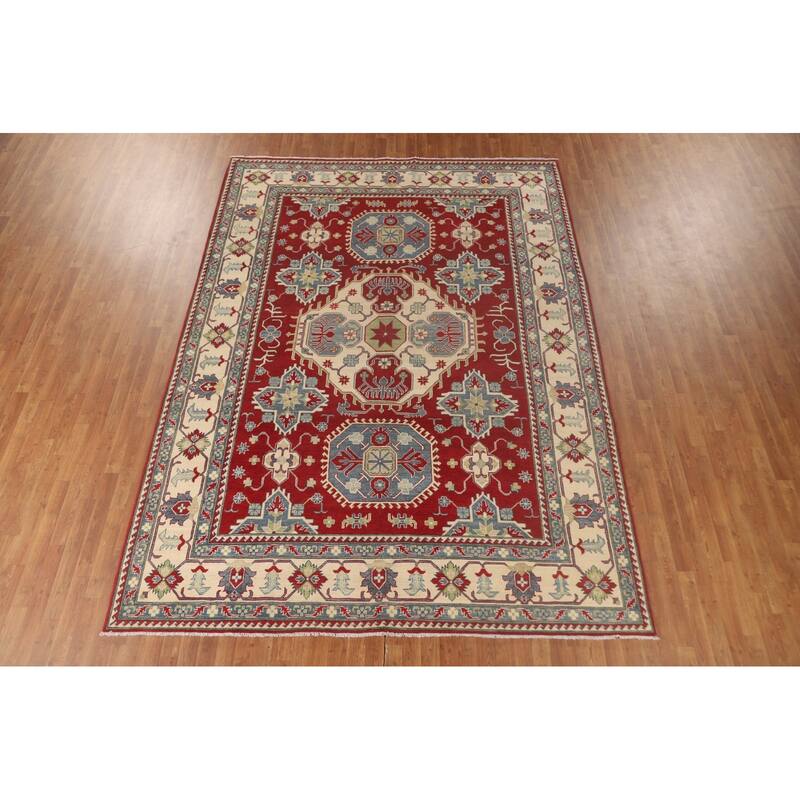 Geometric Red Kazak Rug Hand-Knotted Living Room Wool Carpet - 8'4"x 11'8"