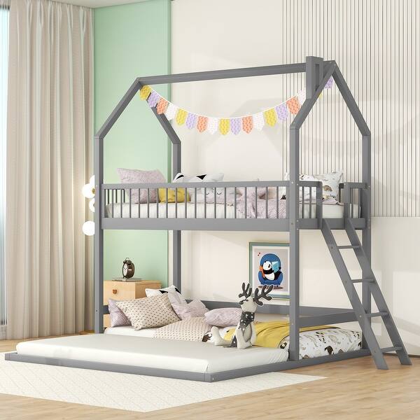 slide 2 of 9, Gray Twin Over Twin-Twin House Bunk Bed with Guardrail, Ladder Gray