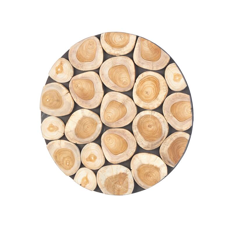 Brown Teak Wood Handmade Round Mosaic Inspired Wood Slab Abstract Home Wall Decor with Black Backing