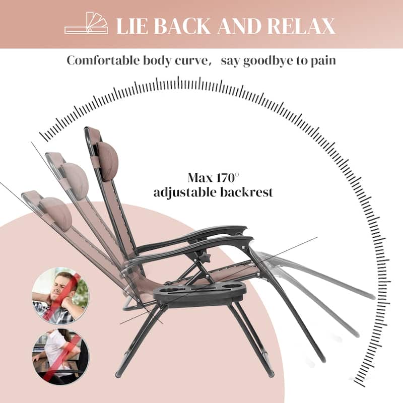 Set of 2 Zero Gravity Recliner Lounge Chairs with Cup Holders, Folding Patio Camping Beach Chairs for Outdoor Relaxation
