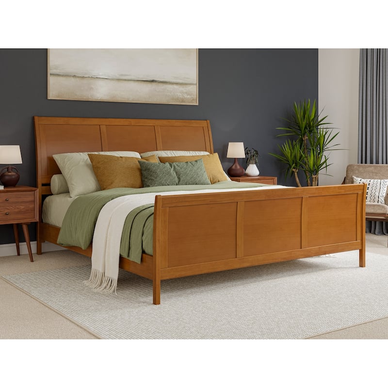 Valencia Solid Wood Low Profile Sleigh Platform Bed with Matching Footboard - Light Toffee - King