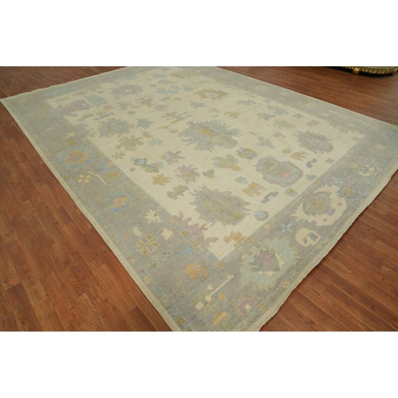 Vegetable Dye Wool Oushak Turkish Area Rug, Floral Geometric Carpet - 13' 4'' X 9' 8''