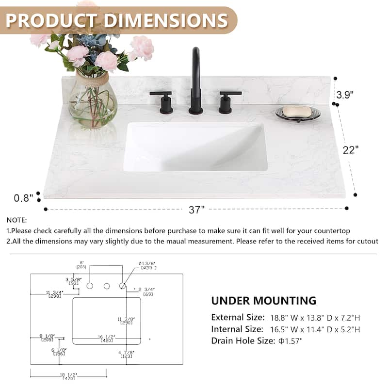 Altair Ceres Engineered Stone Vanity Top in Grain White Without Cabinet
