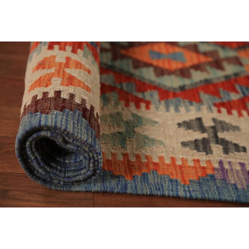 All-Over Orange Kilim Oriental Area Rug Hand-Woven Wool Carpet - 9'5"x 11'2"