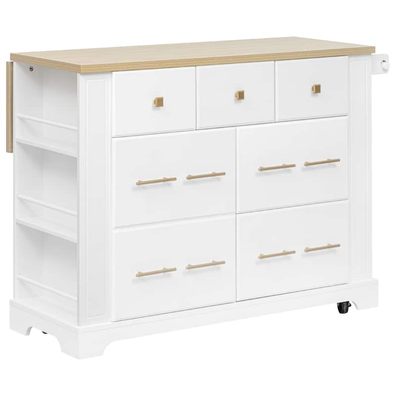 Kitchen Island with 6 Drawers, Pull Out Trash Can Storage, with Drop Leaf, Power Outlet, 5 Open Side Racks