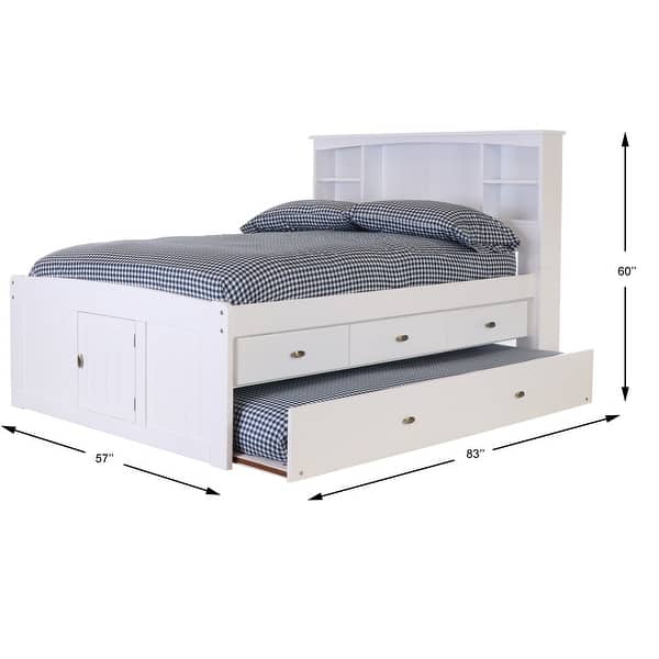 OS Home and Office Solid Pine Full Sized Captains Bookcase Bed with 3 spacious drawers and a Twin Trundle in Casual White