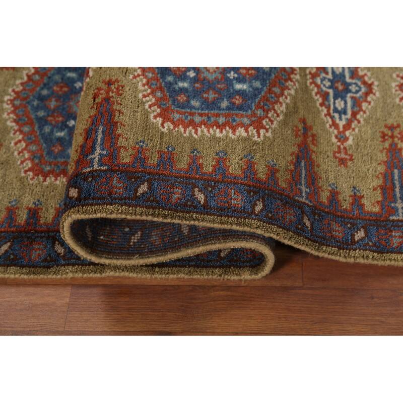 Green Geometric Viss Indian Runner Rug Hand-Knotted Wool Carpet - 2'6"x 9'7"