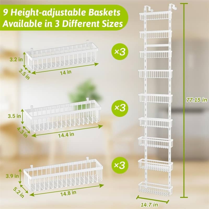 Over the Door Pantry Organizer 9 Tier Metal Narrow Door - 5.2"D x 14.8"W x 77"H