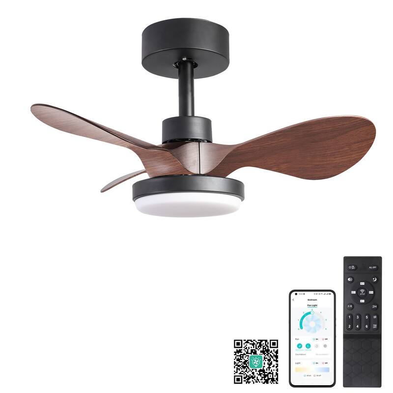 Sofucor 24/28 Inch Low Profile Ceiling Fan With Dimmable Light & Remote/App Control,Reversible Blades,6 Speeds,Quiet Dc Motor - 24 Inches - Black with Brown ABS Blades