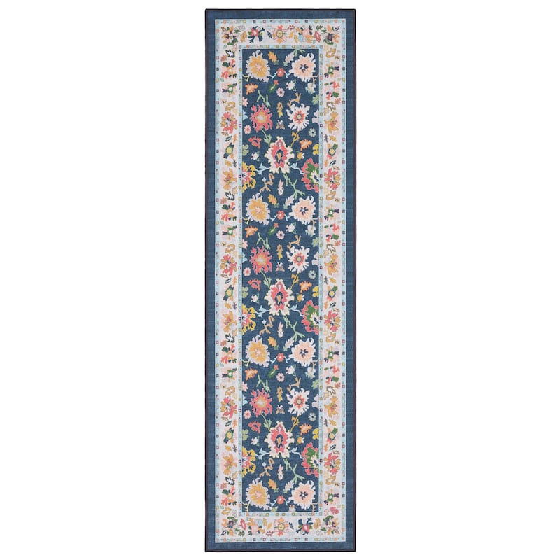 Addison Traditional Bordered Floral Blue/ Multi Printed Washable Flat Pile Area Rug - 2' x 7'