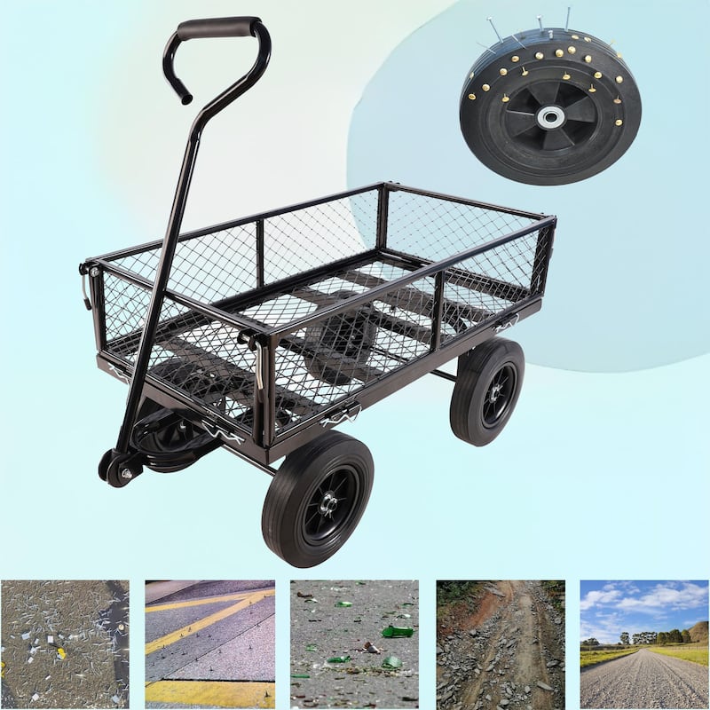 Heavy-Duty Solid Wheel Garden Wagon Cart - Firewood & Yard Debris Hauler, Black