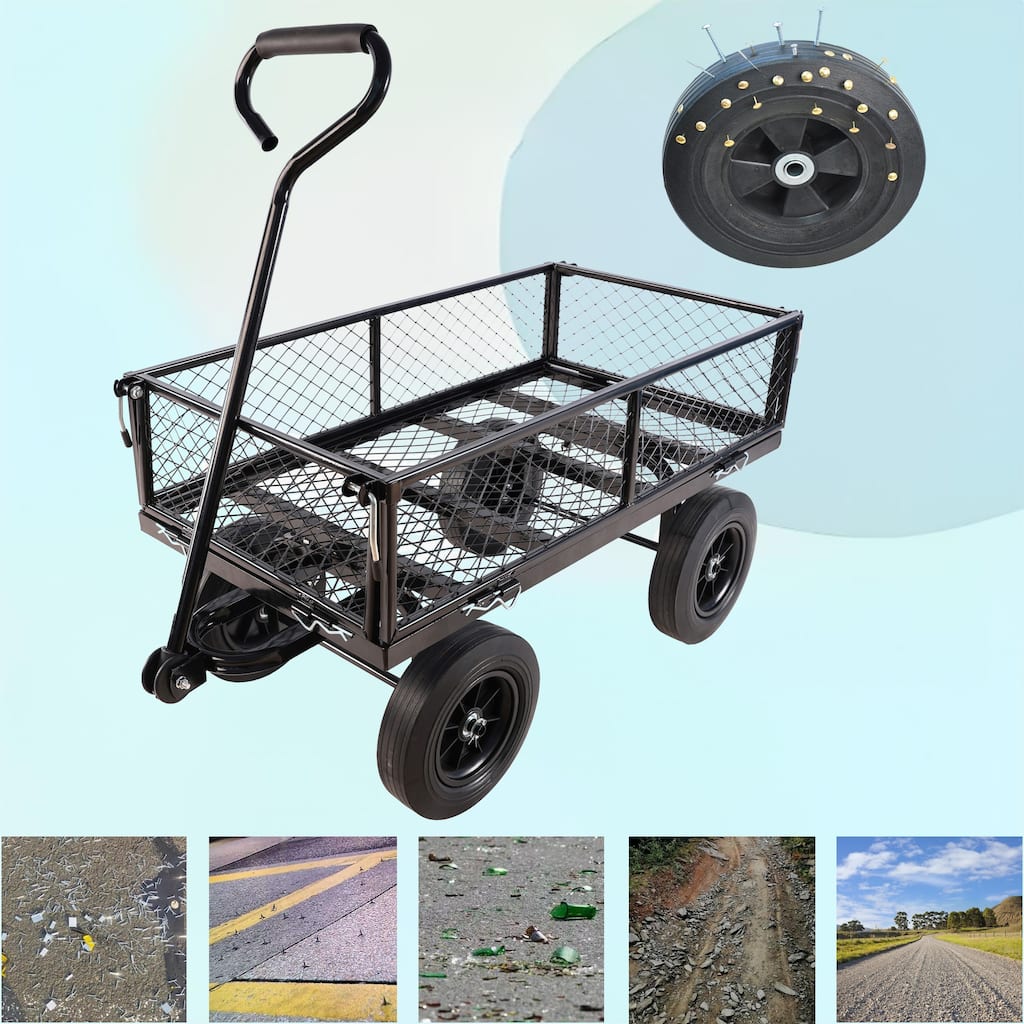 Heavy-Duty Solid Wheel Garden Wagon Cart - Firewood & Yard Debris Hauler, Black
