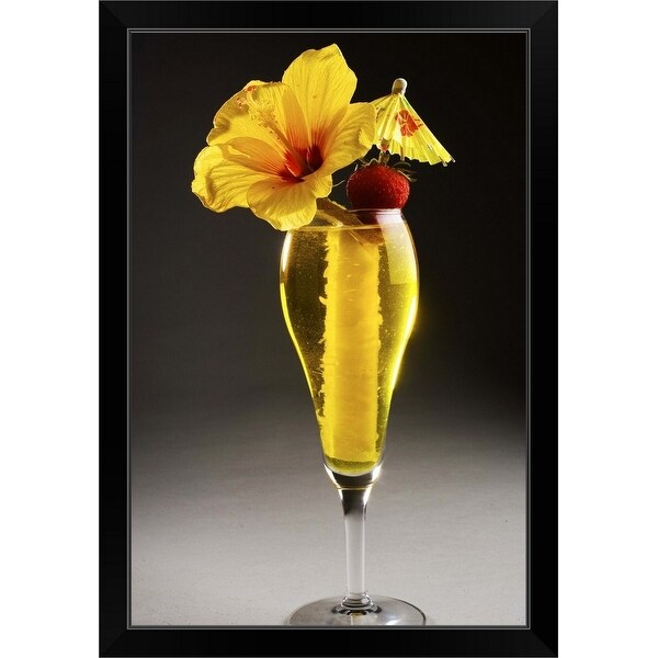 "A tropical cocktail garnished with pineapple rind, a strawberry and hibiscus." Black Framed Print