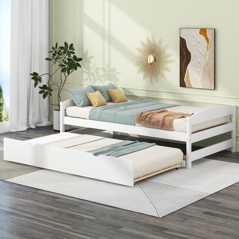 White Twin Size Platform Bed with Trundle, Space-Saving Design