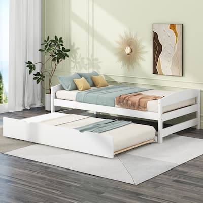 Wooden Bed Frame, Twin Size Platform Bed with Slats Support, Daybed with Pull-out Trundle Bed for Bedroom, Apartment