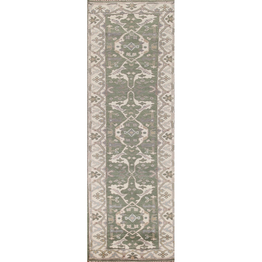 Green Oushak Style Runner Rug Hand-knotted Wool Carpet - 2'7"x 10'0"