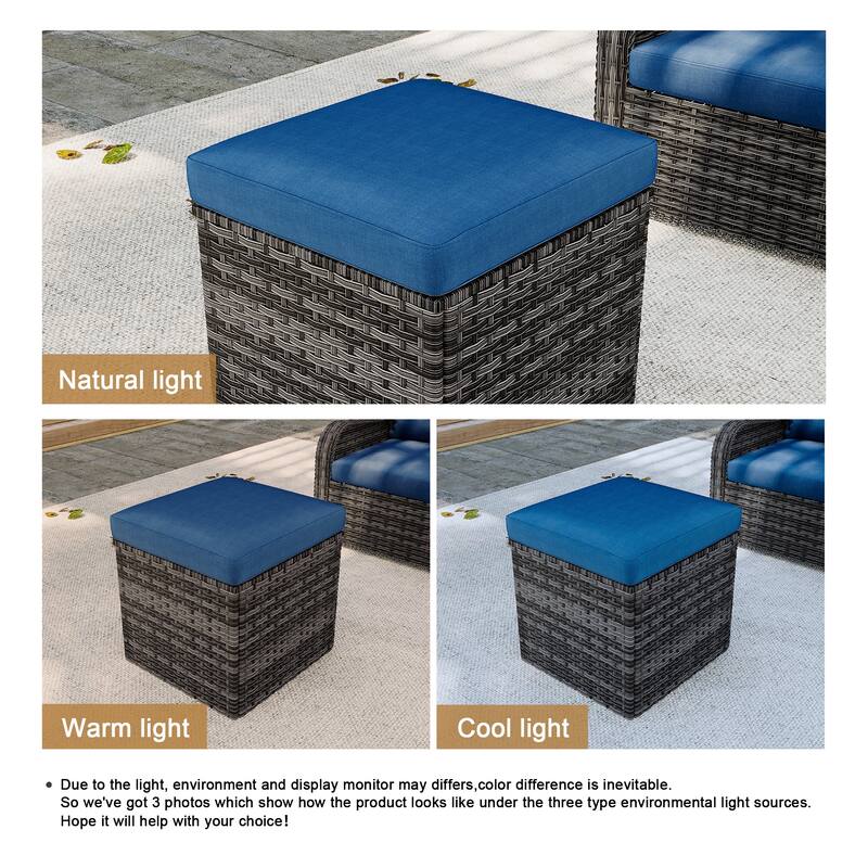 Outdoor Patio PE Wicker Ottoman with Cushion Set of 2
