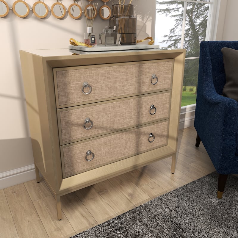 Wooden Upholstered Front Panel 3 Drawer Chest with Mirrored Top and Ring Handles - Beige - Roche River Decor