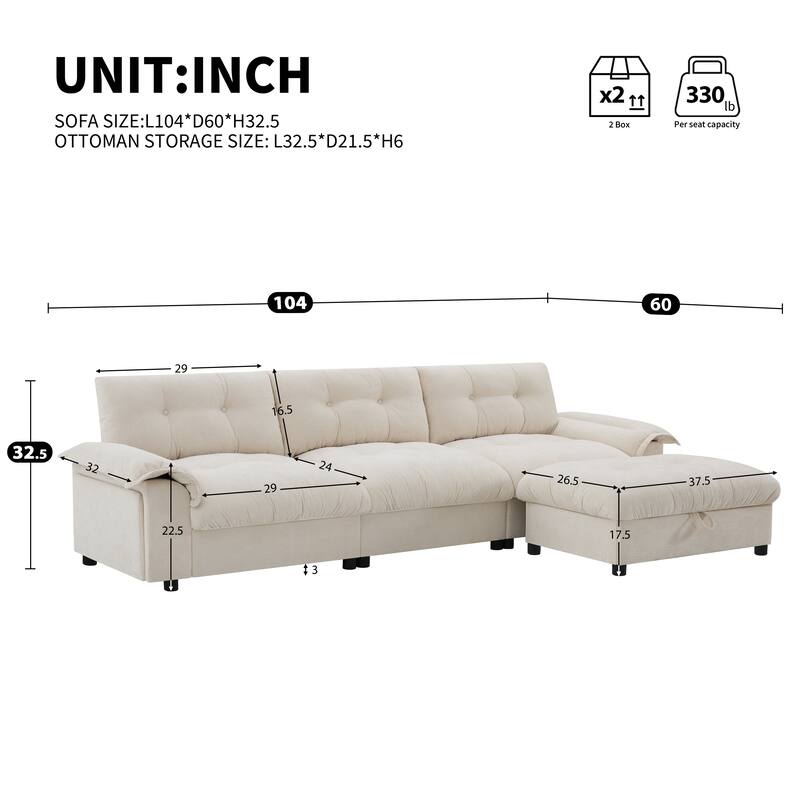 Chenille Tufted L-Shape Sectional Sofa with Storage Ottoman, Pockets and All-in-one Armrest with Dual-Port Charging, Cup Holder