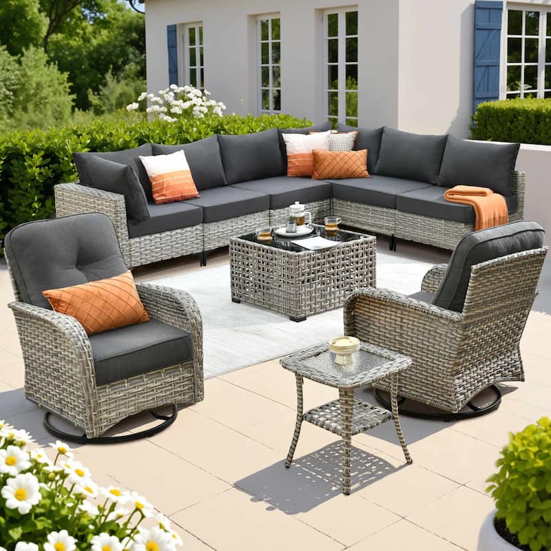 OVIOS 10 Pieces Outdoor Wicker Swivel Chair Set With Solar-Powered Coffee Table