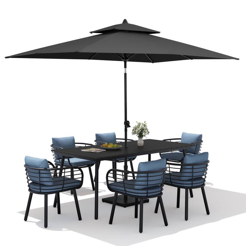 9PC Outdoor Patio Dining Set Aluminum Table with Sunbrella Cushion Chairs w/ Market Umbrella Sets