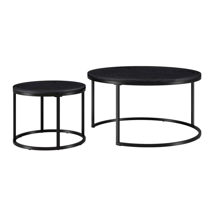 Set of 2 Black Round Frame Nested Coffee Tables with Steel Base - 35" x 35" x 18.75"