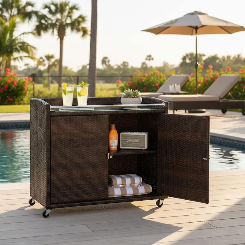 Teamson Home Outdoor Rattan Bar Serving Cart with Locking Caster Wheels, Glass Top, Large Patio Storage for Deck and Patio Use