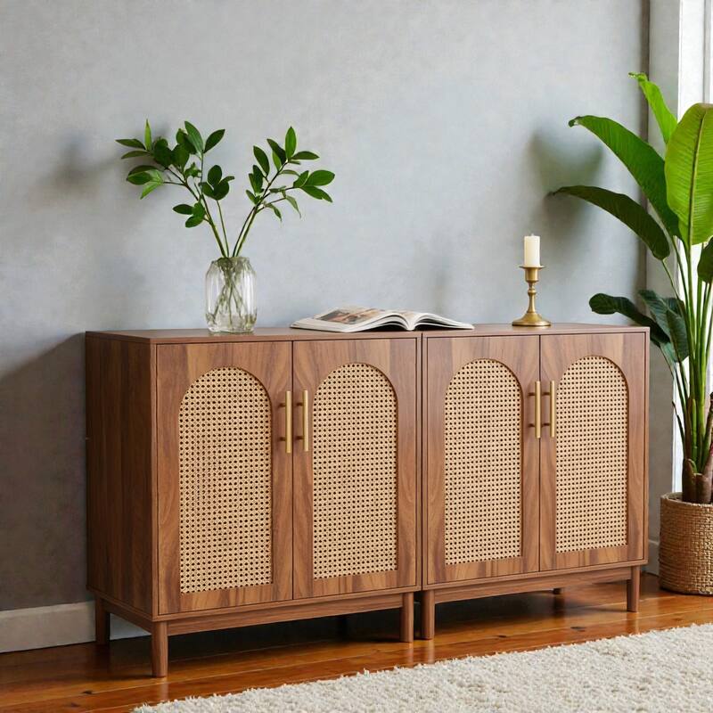 Modern Rattan Sideboard Buffet Cabinet with Storage, 4 Door Credenza for Dining Room Living Room Coffee Bar - Light Brown