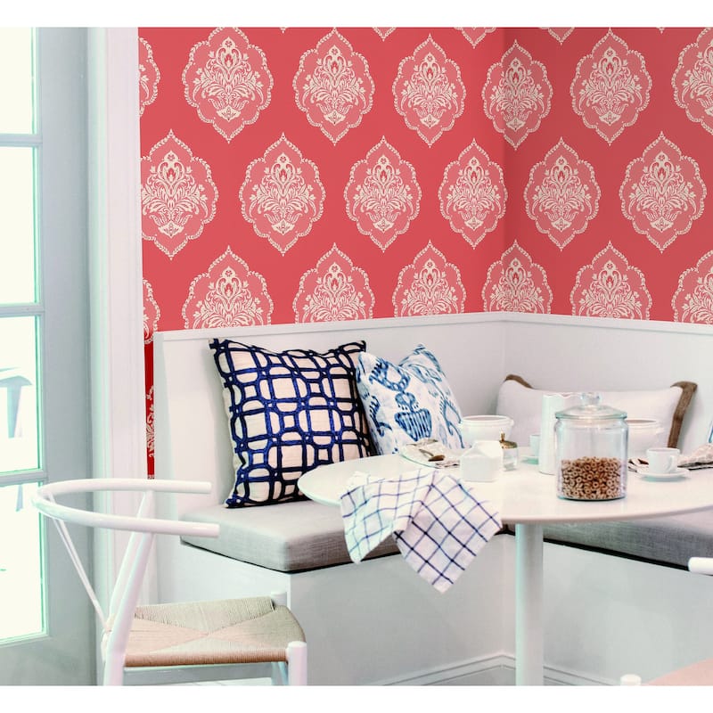 Fremont Coral Sure Strip Prepasted Damask Signet Medallion Dam Wallpaper Covers about 60.75 sq. ft.