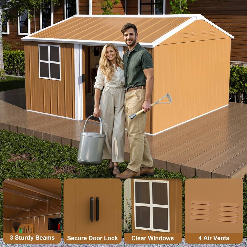 12x10 FT Heavy-Duty Metal Storage Shed with Windows, Lockable Door & Ventilation - Weatherproof Outdoor Garden Shed