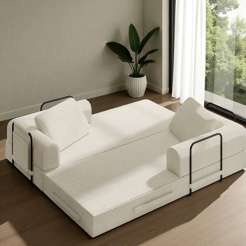 Convertible Corduroy Sleeper Sofa Bed, 3-Seat Folding Floor Couch with Cylindrical Pillow & Fixed-Shape Frame