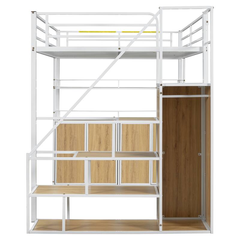 Full Size Metal Loft Bed with Storage Staircase and Wardrobe,Shelves and Lockers