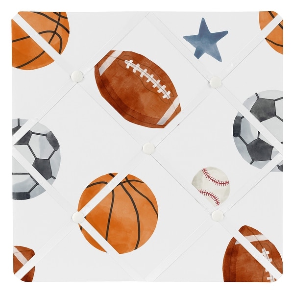 slide 2 of 3, Sweet Jojo Designs Sports Theme Boy 13in Fabric Memory Photo Bulletin Board Watercolor Soccer Balls Football Baseball Basketball