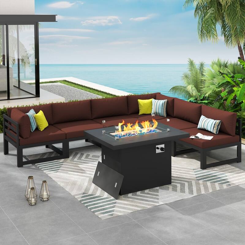 7 Piece Aluminum Patio Furniture Set with Fire Pit Propane/Gas, 29 inch Deep Wide Seat Aluminum Outdoor Sectional - Gray Frame - Burgundy