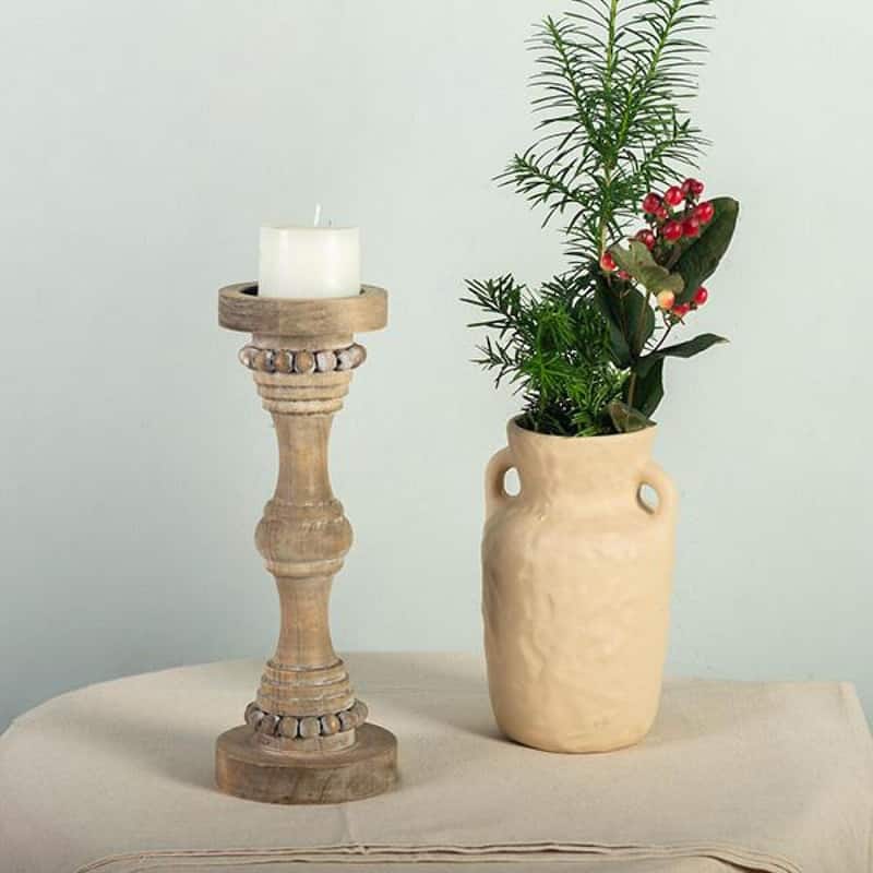 Washed White Wood With Beads Pillar Candle Holder