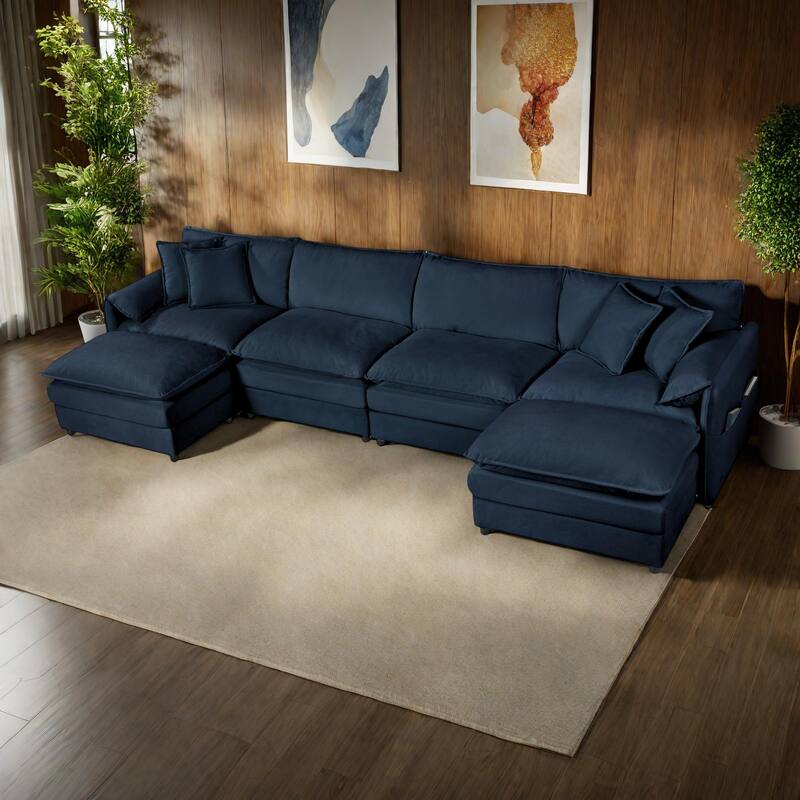 143.31" Chenille Upholstered U-Shaped Modular Sectional Sofa with Double-Layer Cushions, DIY Combination - Blue