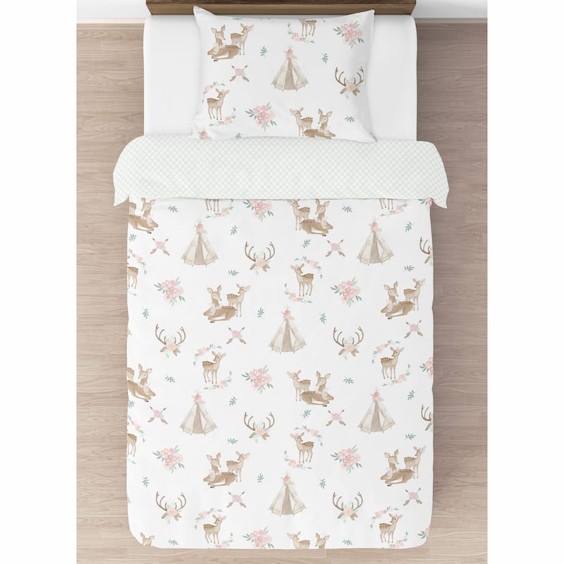Sweet Jojo Designs Blush Pink Mint Boho Watercolor Woodland Deer Floral Collection Girl 2-piece Twin-size Comforter Set