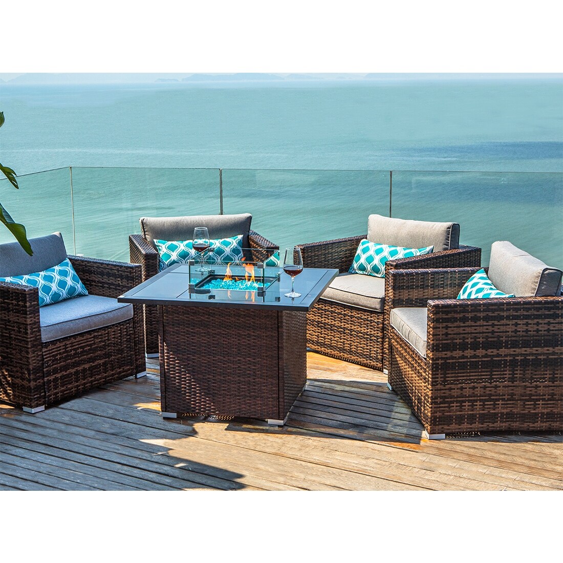 Pool for Garden Backyard Warm Gray Wicker Thick Cushion Sofa w 35-inch Square Gas Fire Table 50,000 BTU COSIEST 5-Piece Faux Brown Propane Fire Pit Outdoor Furniture Brown Chairs