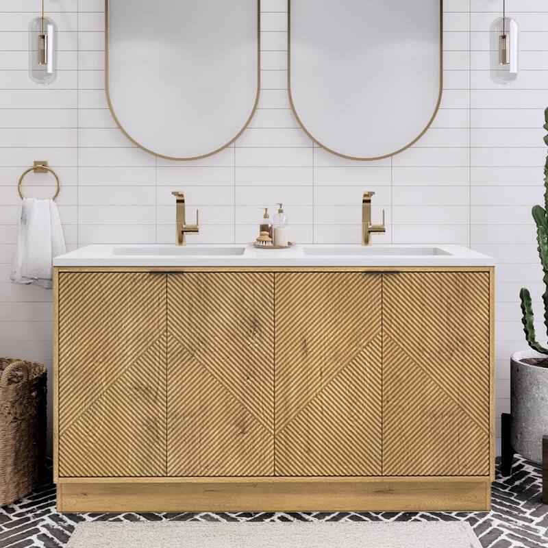 Milano 60" Freestanding Bathroom Vanity with Double White Acrylic Sink - 59.06" x 19.49" x 35.46'' - Oak