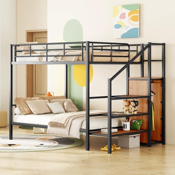 slide 2 of 14, Full Bunk Beds with Bookcase Headboard, Wood Bed Frame Safety Rail and Ladder, White