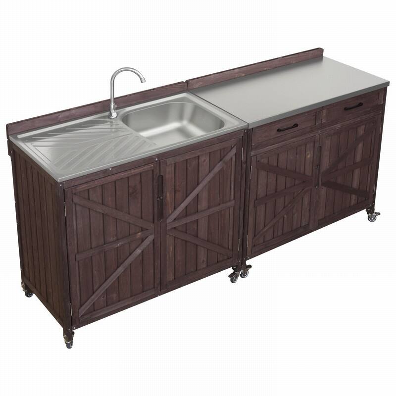 2-Piece Outdoor Kitchen Island Set with Stainless Steel Top and Sink, Drawer and Cabinets for Outdoor Storage w/ Wheels